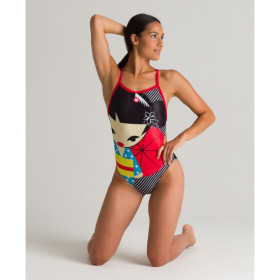 Arena CRAZY KOKESHI (taille 8 ans)  - Lightech Back - Black Red - Maillot Natation Fille