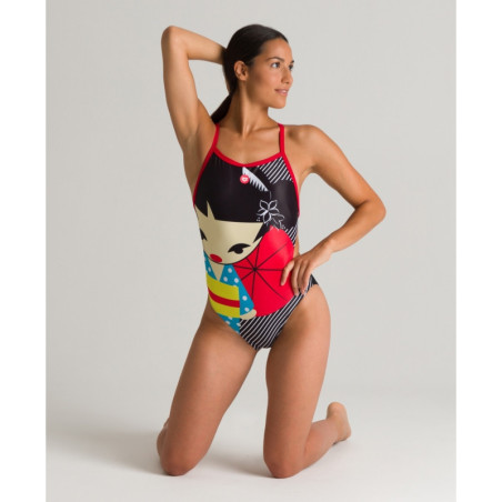 Arena CRAZY KOKESHI (taille 8 ans) - Lightech Back - Black Red - Maillot Natation Fille | Les4Nages