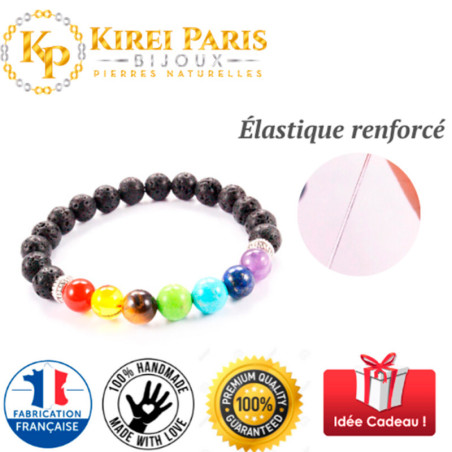 BRACELET PIERRES NATURELLES 7 CHAKRAS et PIERRE VOLCANIQUE 8mm - KIREI PARIS BIJOUX