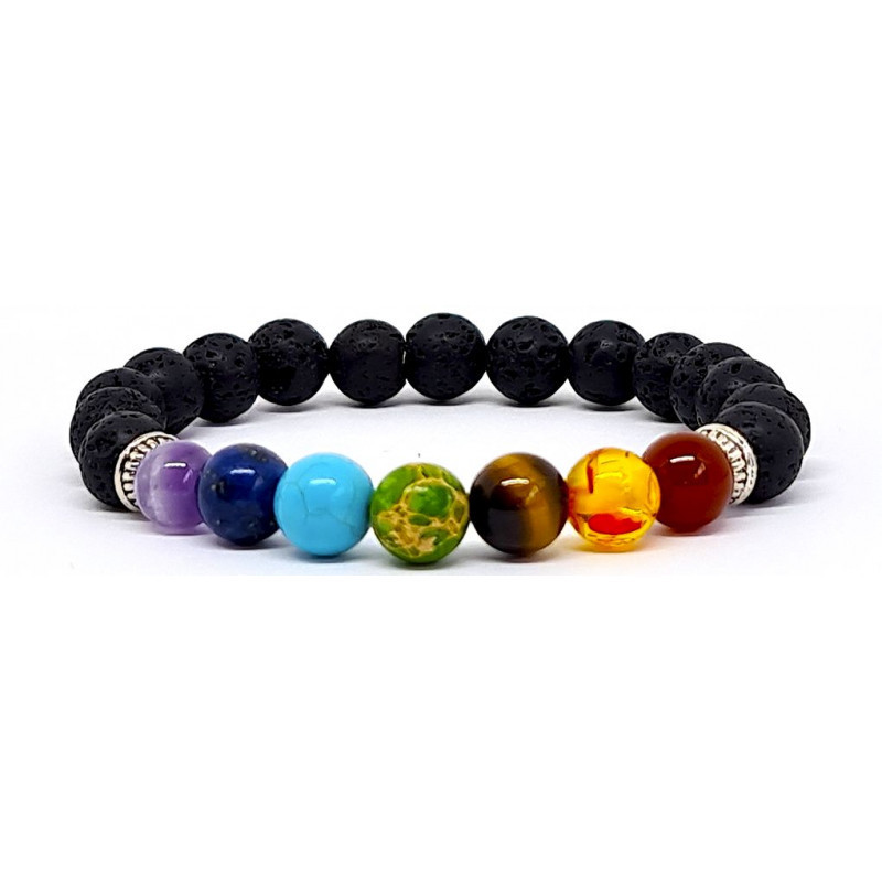 BRACELET PIERRES NATURELLES 7 CHAKRAS et PIERRE VOLCANIQUE 8mm - KIREI PARIS BIJOUX | Les4Nages