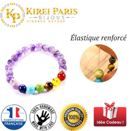 BRACELET PIERRES NATURELLES 7 CHAKRAS et AMETHYSTE 8mm - KIREI PARIS BIJOUX