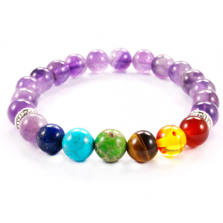 BRACELET PIERRES NATURELLES 7 CHAKRAS et AMETHYSTE 8mm - KIREI PARIS BIJOUX | Les4Nages