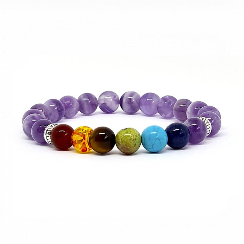 BRACELET PIERRES NATURELLES 7 CHAKRAS et AMETHYSTE 8mm - KIREI PARIS BIJOUX | Les4Nages