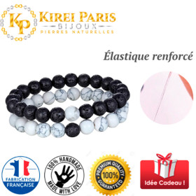 2 BRACELETS PIERRES NATURELLES POUR COUPLE  - Pierre volcanique et howlite blanche - KIREI PARIS BIJOUX - 8mm