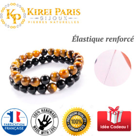 2 BRACELETS PIERRES NATURELLES POUR COUPLE  - Oeil de tigre et obsidienne - KIREI PARIS BIJOUX - 8mm