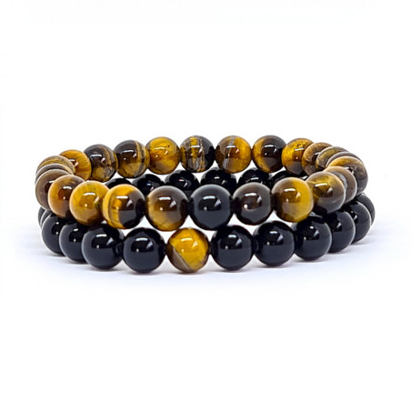 2 BRACELETS PIERRES NATURELLES POUR COUPLE - Oeil de tigre et obsidienne - KIREI PARIS BIJOUX - 8mm | Les4Nages