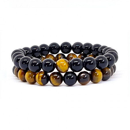 2 BRACELETS PIERRES NATURELLES POUR COUPLE - Oeil de tigre et obsidienne - KIREI PARIS BIJOUX - 8mm | Les4Nages