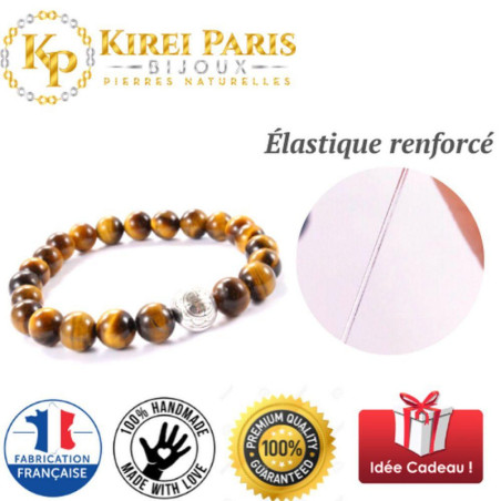 BRACELET PIERRES NATURELLES et ARGENT - KIREI PARIS BIJOUX - LONG LIFE et OEIL DE TIGRE JAUNE 8mm