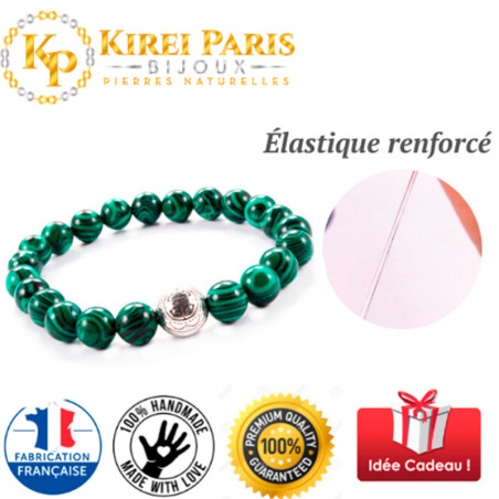 BRACELET PIERRES NATURELLES et ARGENT - KIREI PARIS BIJOUX - LONG LIFE et MALACHITE VERTE 8mm | Les4Nages