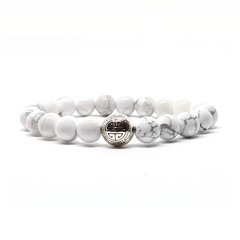 BRACELET PIERRES NATURELLES et ARGENT - KIREI PARIS BIJOUX - LONG LIFE et HOWLITE BLANCHE 8mm | Les4Nages