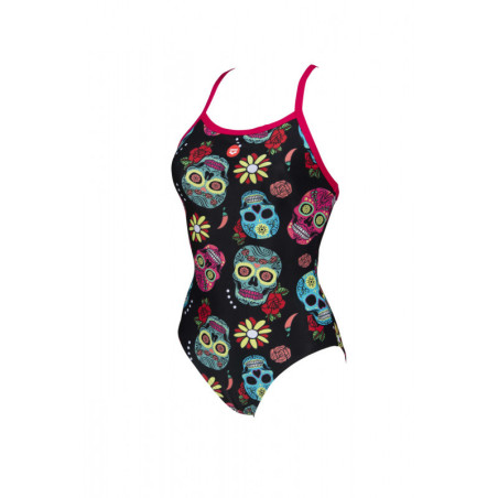 Arena CRAZY SKULLS CARNIVAL Light Drop Back - Freak Rose Black Multi - Maillot Natation Femme