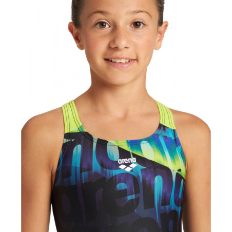 ARENA Junior (6-14ans) WAVES J V BACK - Black Soft Green - Maillot de bain fille | Les4Nages
