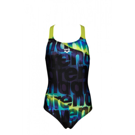 ARENA Junior (6-14ans) WAVES J V BACK - Black Soft Green - Maillot de bain fille | Les4Nages