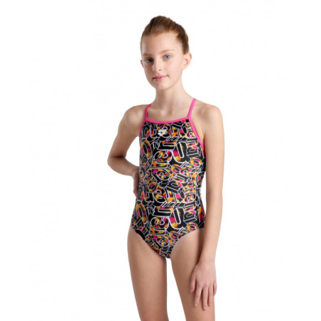 Arena Girls (6-14 ans) SWIMSUIT Lightdrop Back Allover Freak Rose Black Multi | Les4Nages