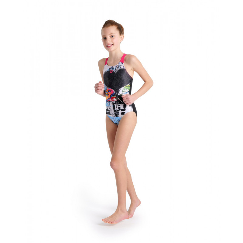 Arena Girls (6-14 ans) SWIMSUIT V Back Placement Black Freak Rose