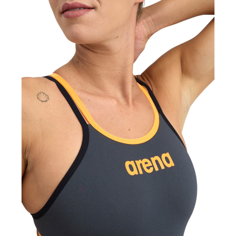 Arena ONE DOUBLE CROSS BACK  Asphalt Black Fluo Orange - Maillot de bain femme 1 pièce
