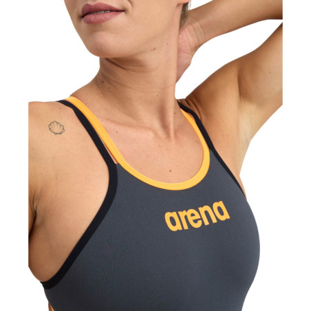 Arena ONE DOUBLE CROSS BACK  Asphalt Black Fluo Orange - Maillot de bain femme 1 pièce