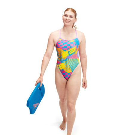 SPEEDO Allover Digital VBack Pink Yellow - Maillot de Bain Femme 1 piece