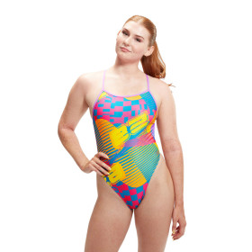 SPEEDO Allover Digital VBack Pink Yellow - Maillot de Bain Femme 1 piece