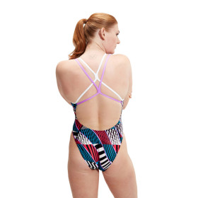 SPEEDO Allover Digital Star Back Red Blue - Maillot de Bain Femme 1 piece