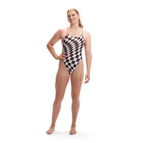 SPEEDO Allover Digital Tie Back black white  - Maillot de Bain Femme 1 piece