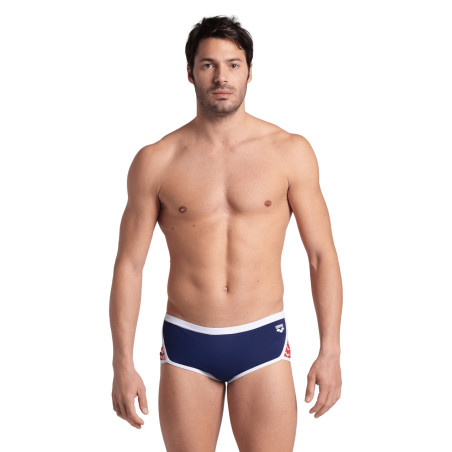 Arena ICONS Swim Low Waist Short Navy White Red Multi - Boxer Natation Homme | Les4Nages