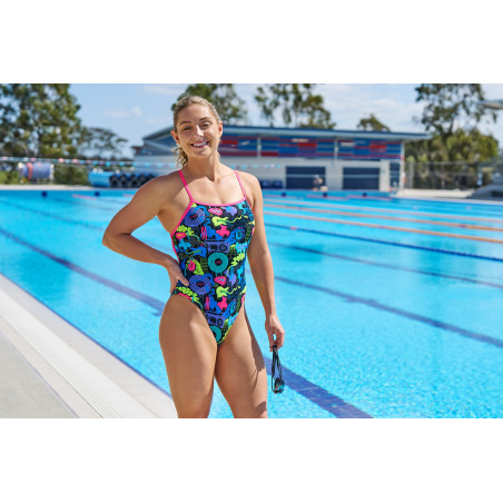 FUNKITA Poppy Long Dos Strapped In - Maillot de bain Femme Natation 1 piece | Les4Nages