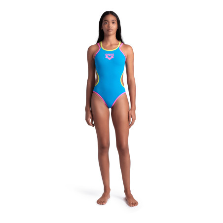 Arena ONE DOUBLE CROSS BACK Turquoise Fluo Pink Soft Green - Maillot de bain femme 1 pièce | Les4Nages