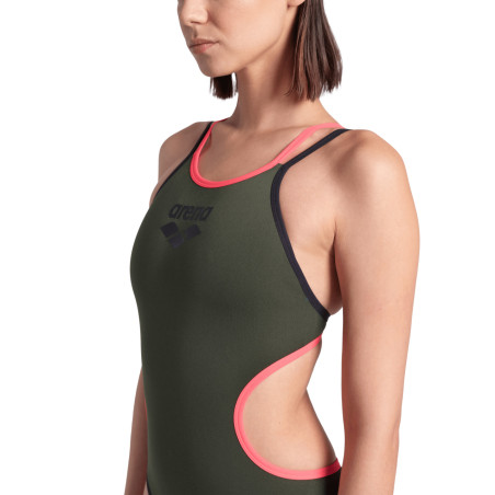 Arena ONE DOUBLE CROSS BACK Dark Sage Black Fluo e - Maillot de bain femme 1 pièce | Les4Nages