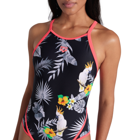Vente Privée Arena Mai 2025 - WOMEN'S ARENA TROPICAL SUMMER SWIMSUIT F BLACK MULTI-FLUO RED | Les4Nages