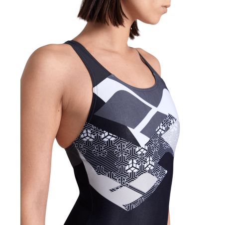 Vente Privée Arena Mai 2025 - WOMEN'S ARENA LOGO KIKKO SWIMSUIT CONTRO BLACK-ASPHALT-WHITE MULTI | Les4Nages