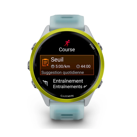GARMIN Forerunner 570 47mm - Aluminium Jaune avec bracelet Blanc translucide/Turquoise - Montre GPS Running - EN STOCK | Les4Nages