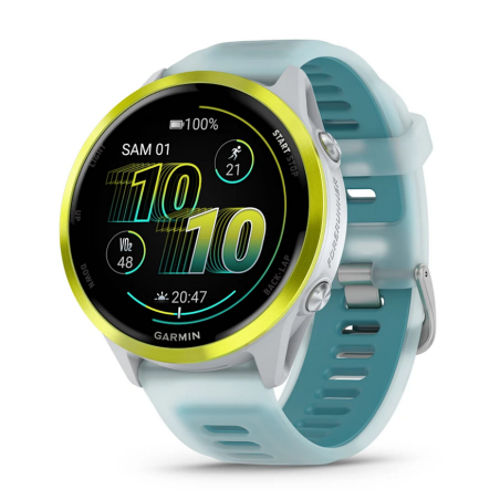 GARMIN Forerunner 570 47mm - Aluminium Jaune avec bracelet Blanc translucide/Turquoise - Montre GPS Running - EN STOCK | Les4Nages