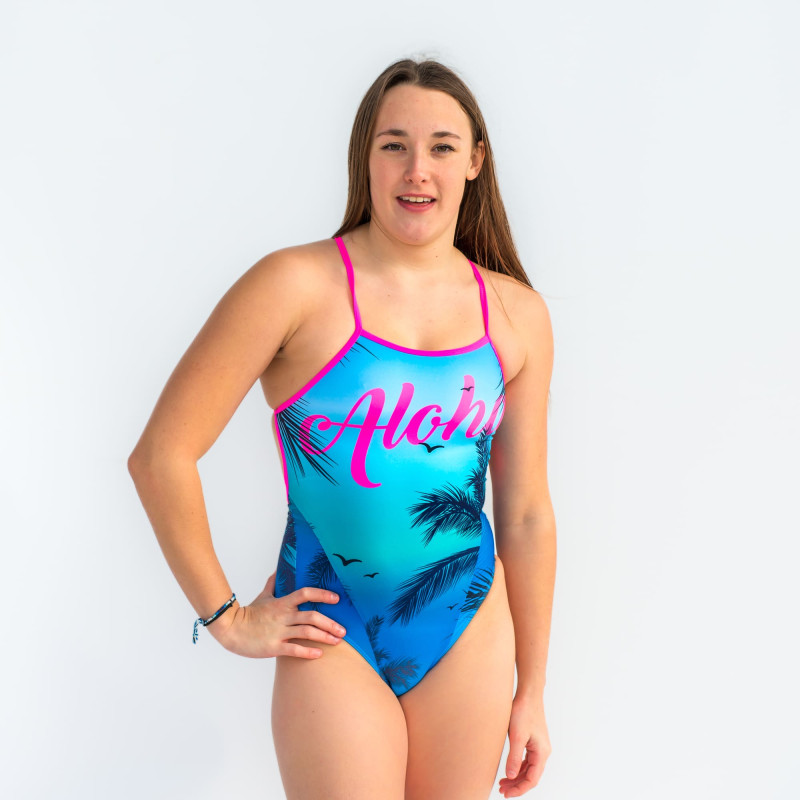 SWEAMS ALOHA BLUE - Maillot femme 1 piece bretelles fines | Les4Nages