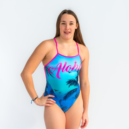 SWEAMS ALOHA BLUE - Maillot femme 1 piece bretelles fines | Les4Nages