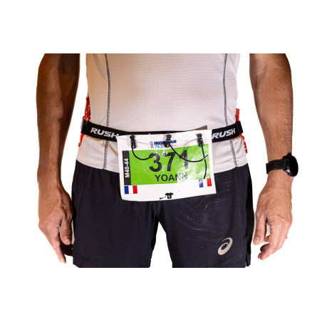 Ceinture porte dossard RUSH Energy Race belt Black avec 3 points de fixation et 6 porte gels | Les4Nages
