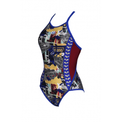 ARENA ICONS SWIMSUIT Neon Blue Burgundy Multi Maillot Natation Femme 1 piece
