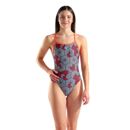 ARENA GEOMETRY Booster Back Multi Black Bright Coral - Maillot Natation Femme 1 piece | Les4Nages