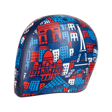 Bonnet ARENA FLAT SILICONE SKYLINE Navy Allover - Edition Limitée Paris 2026 | Les4Nages