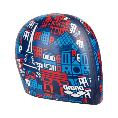 Bonnet ARENA FLAT SILICONE SKYLINE Navy Allover - Edition Limitée Paris 2026 | Les4Nages